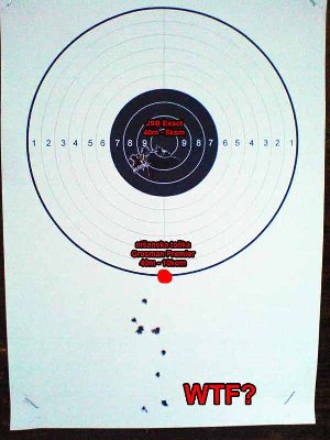 ovdje mi nije jasno nesto... ovih 10 crosman premiera je ispaljeno nakon 20 JSB-a u prethodnu metu, zato sam ih ispalio jos 10 nakon ovih crosmana jer mi nista nije bilo jasno... zadnja 4 crosmana sto sam ispalio svaki je isao sve nize i nize... prvih 6 bi se moglo nazvati grupom redosljed im ide nekako odozgor prema dolje pa u ljevo